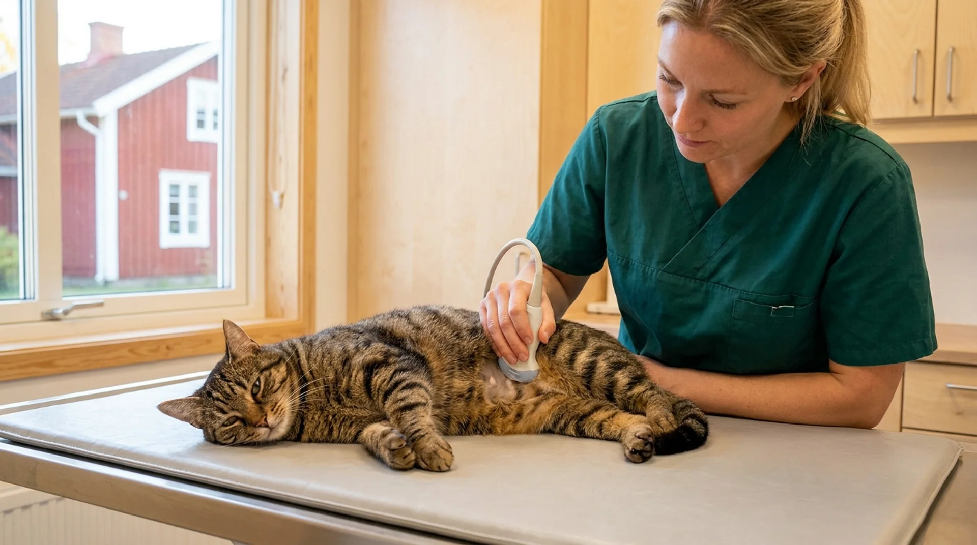 Ultraljud av tabby-katt — veterinär för proben över kattens sida på svensk klinik