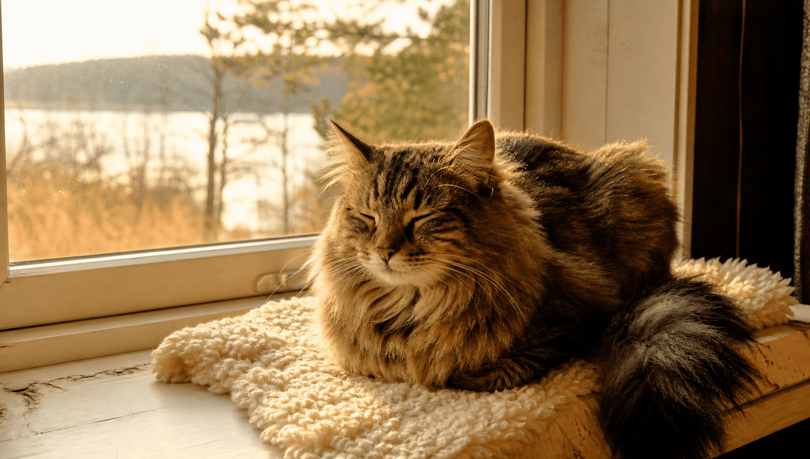 Skogskatt vilar avslappnad i tasstuckad loaf på en mjuk gräddvit ullpläd på en björkfönsterbänk i ett svenskt hem med utsikt över sjön — en katt med god urinhälsa.