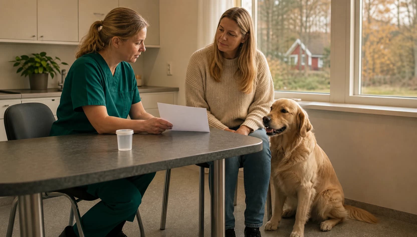 Veterinär i mörkgröna skrubbar förklarar pris för urinprov hund.