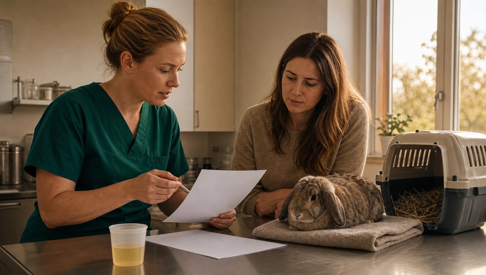 Veterinär i mörkgröna skrubbar förklarar pris för urinprov kanin.