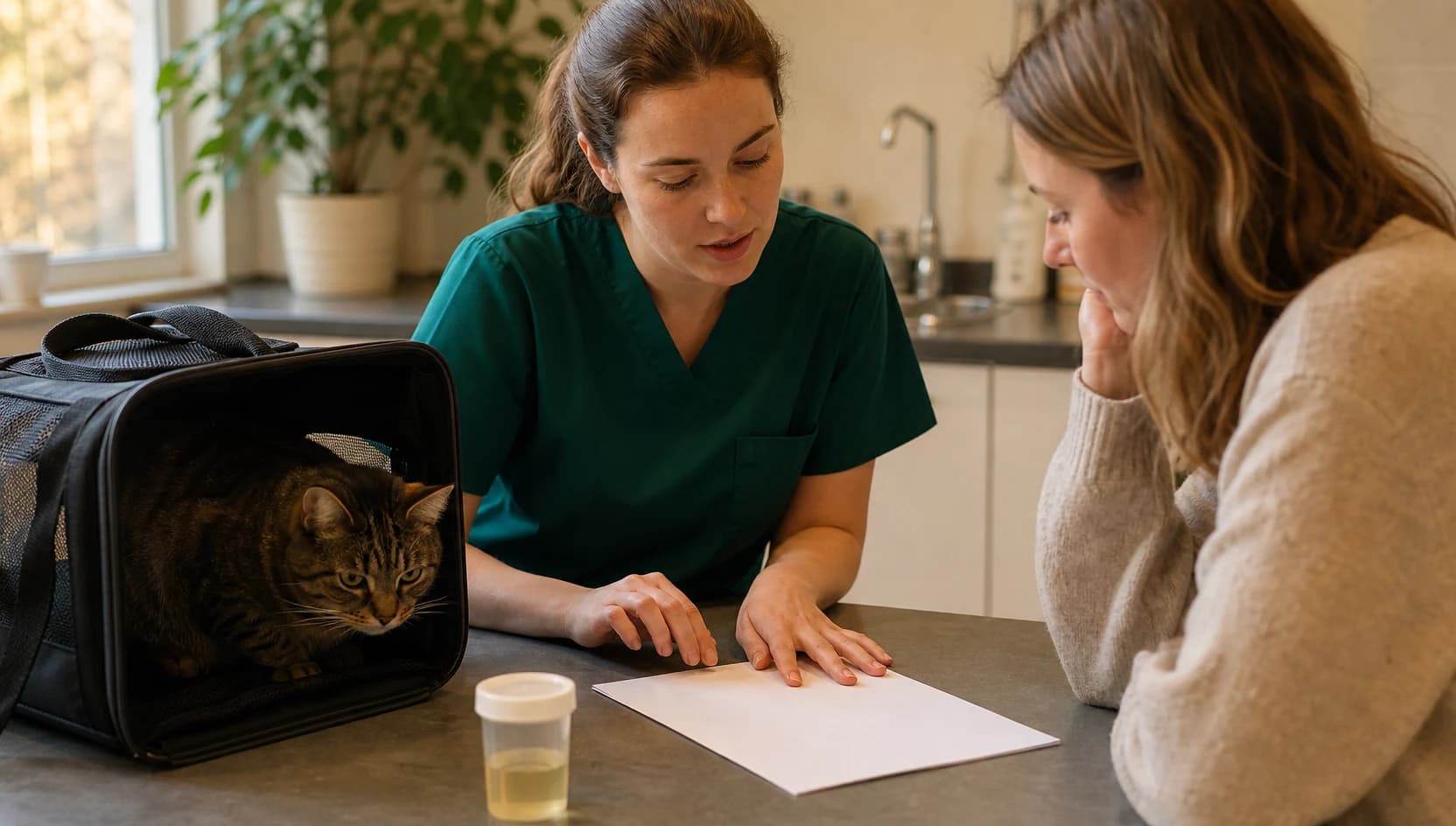 Veterinär i mörkgröna skrubbar förklarar pris för urinprov katt.