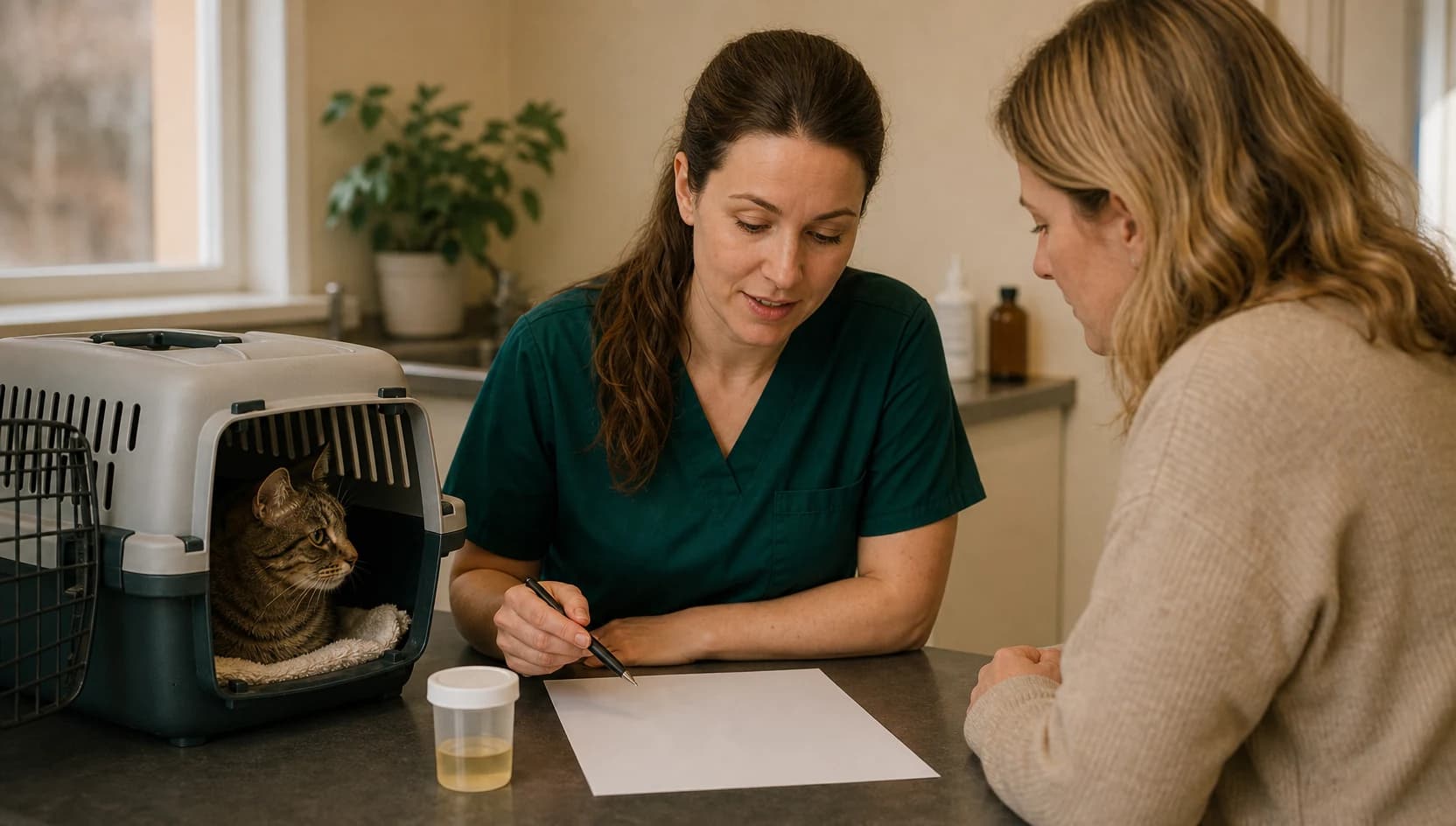 Veterinär i mörkgröna skrubbar går igenom pris för urinprov med djurägare.