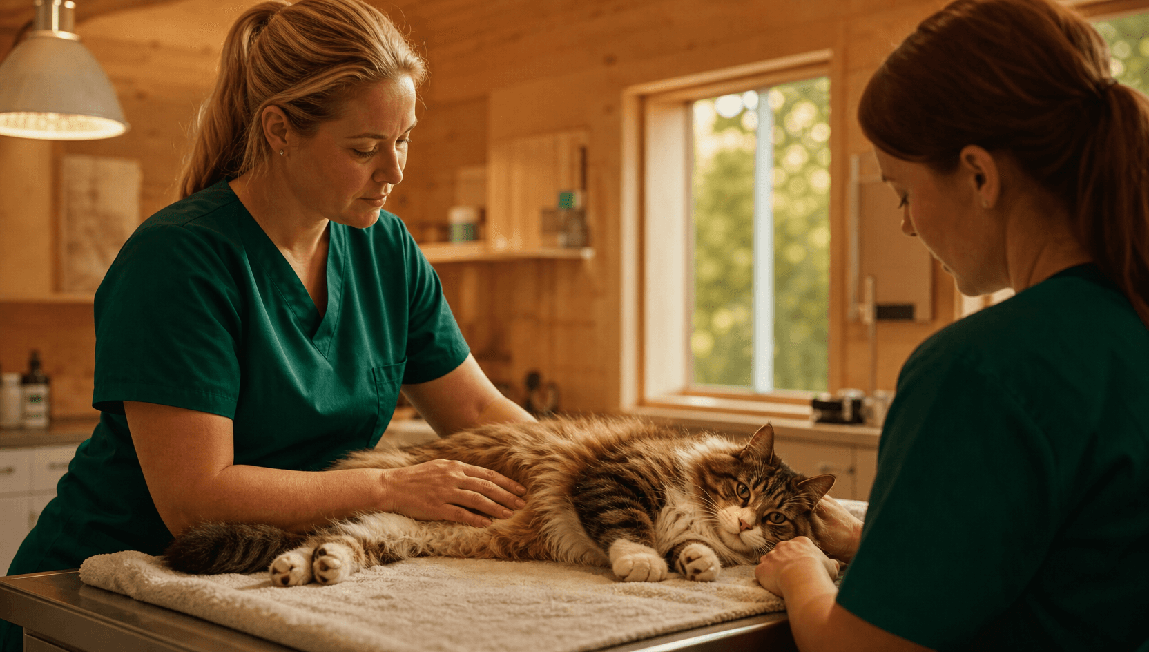 Två veterinärer i mörkgröna skrubbar undersöker lugnt en avslappnad skogskatt på undersökningsbordet i en svensk klinik med björkträinredning.