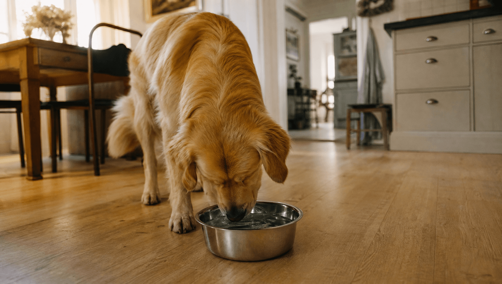 Hund dricker vatten hemma inför uppföljning av urinbesvär.