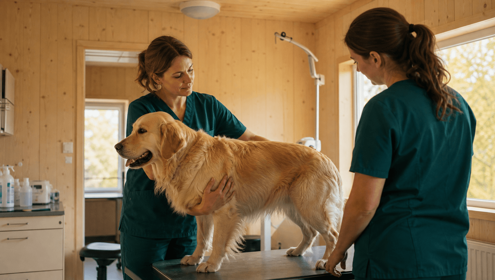 Veterinär undersöker hund inför urinprov.