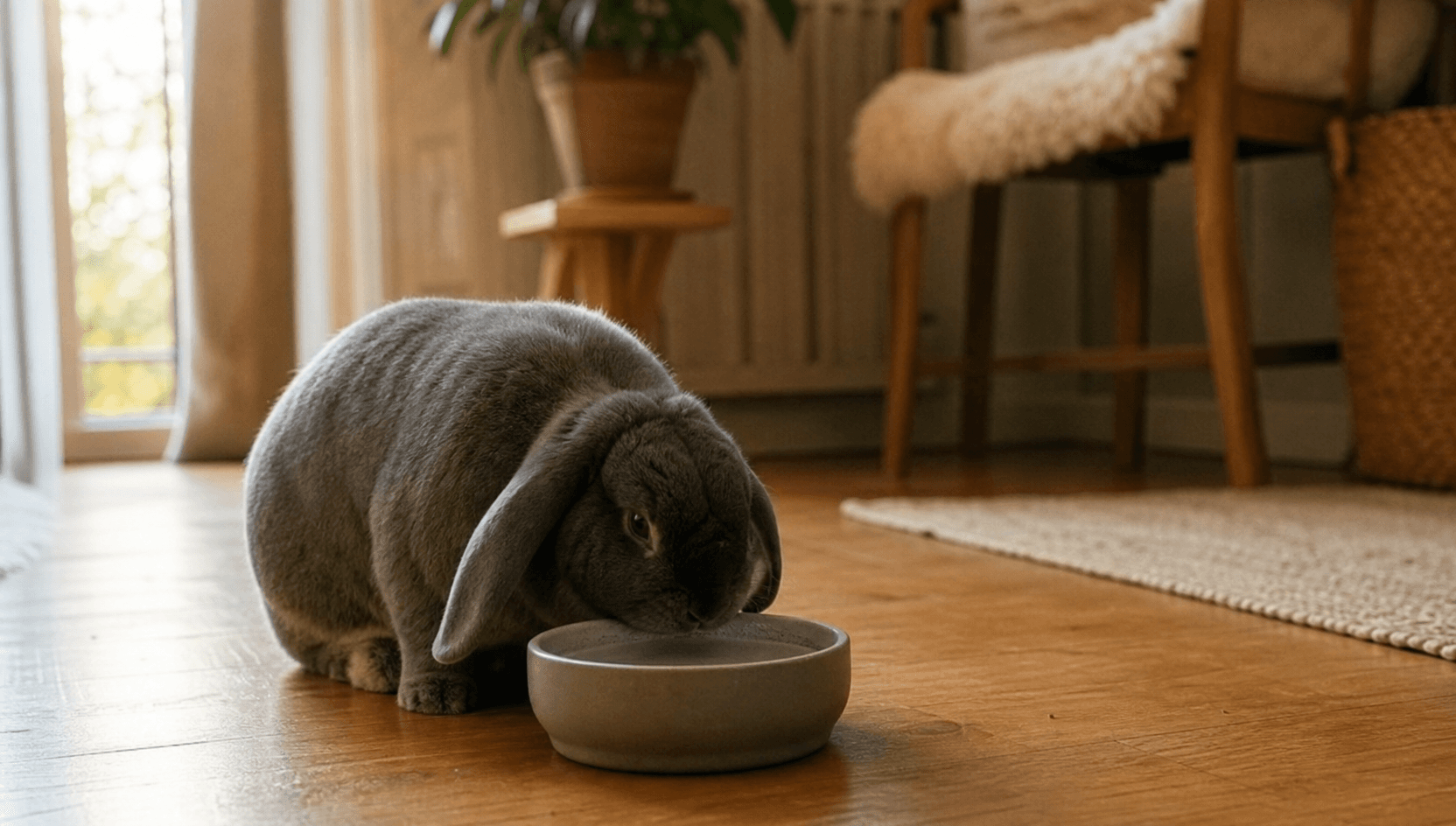 Kanin nära vattenskål hemma.