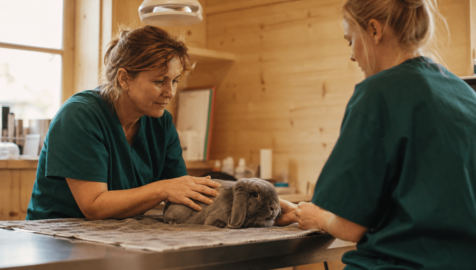 Veterinär undersöker kanin inför urinprov.