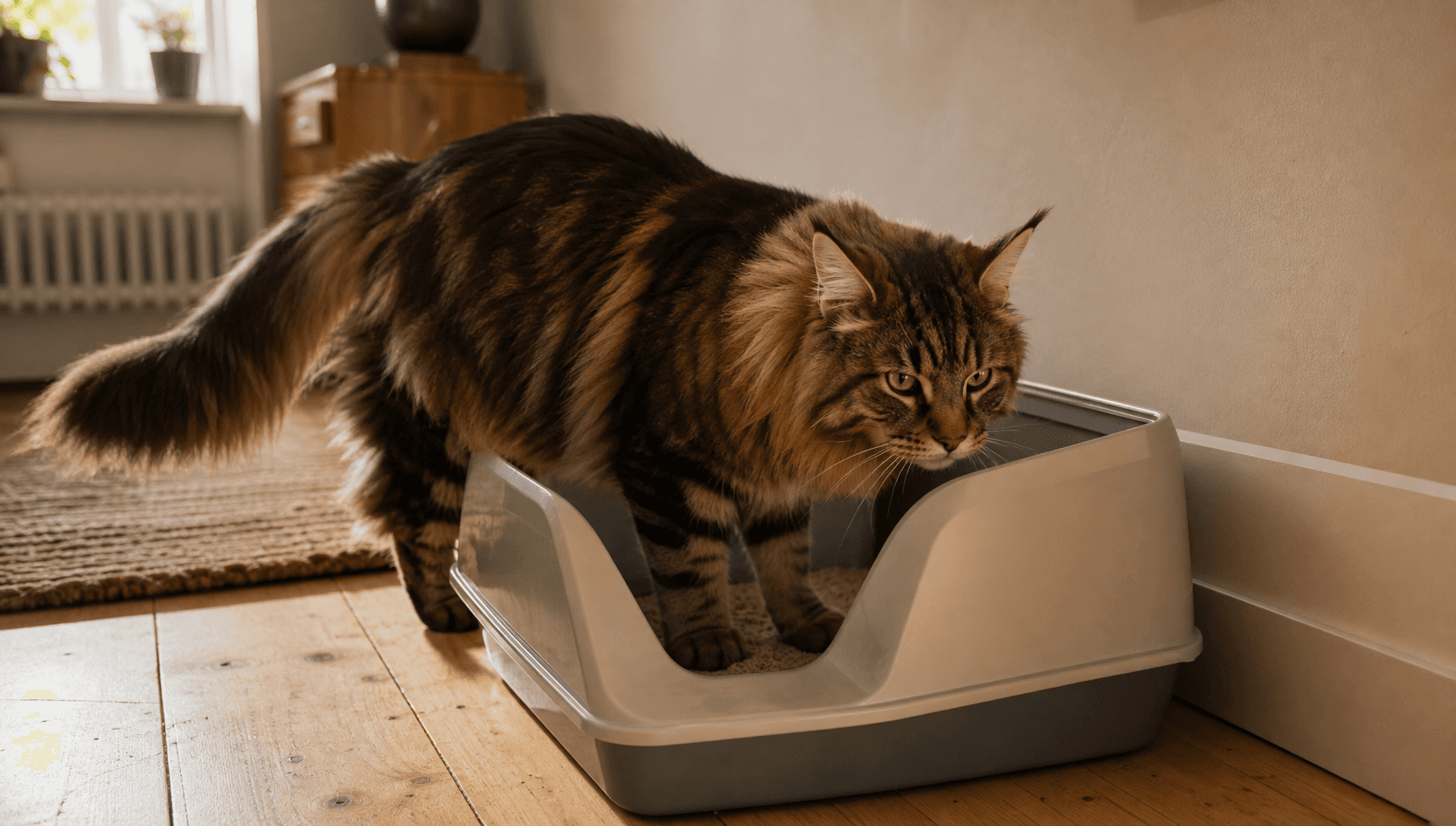Katt vid kattlåda hemma inför urinprov.