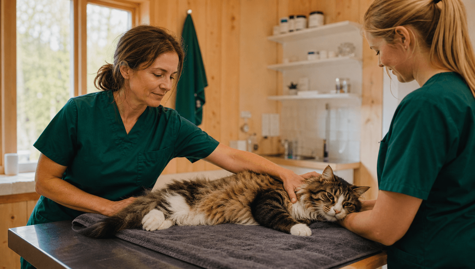 Veterinär undersöker katt inför urinprov.