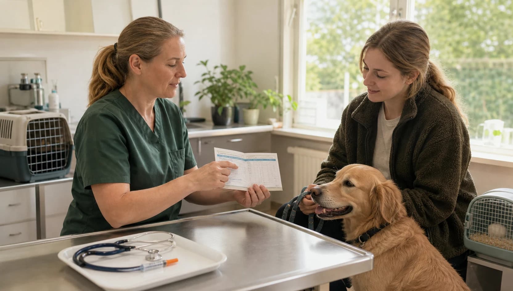 Veterinär går igenom vaccinationsschema och pris med djurägare för hund, katt och kanin.
