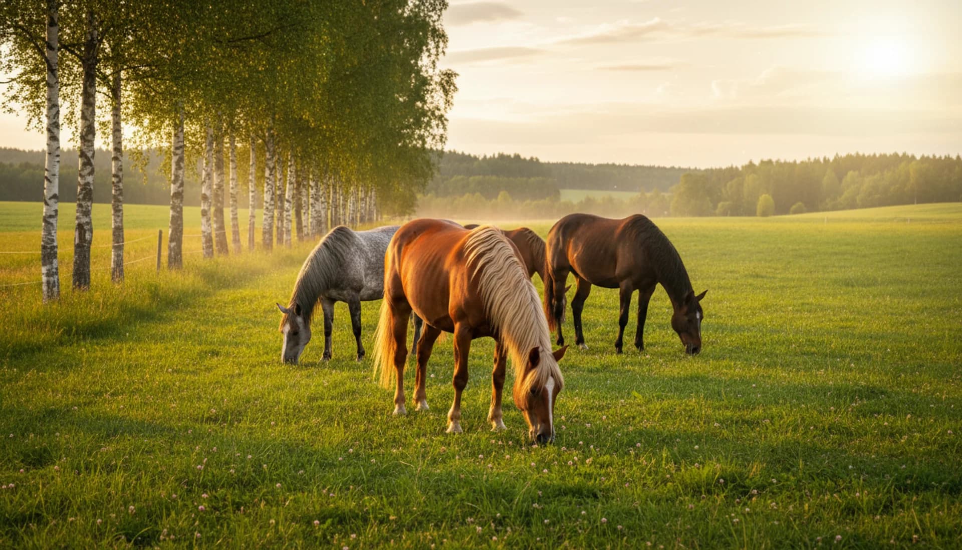 Hästar betar i grön svensk hage med björkar i kvällsljus