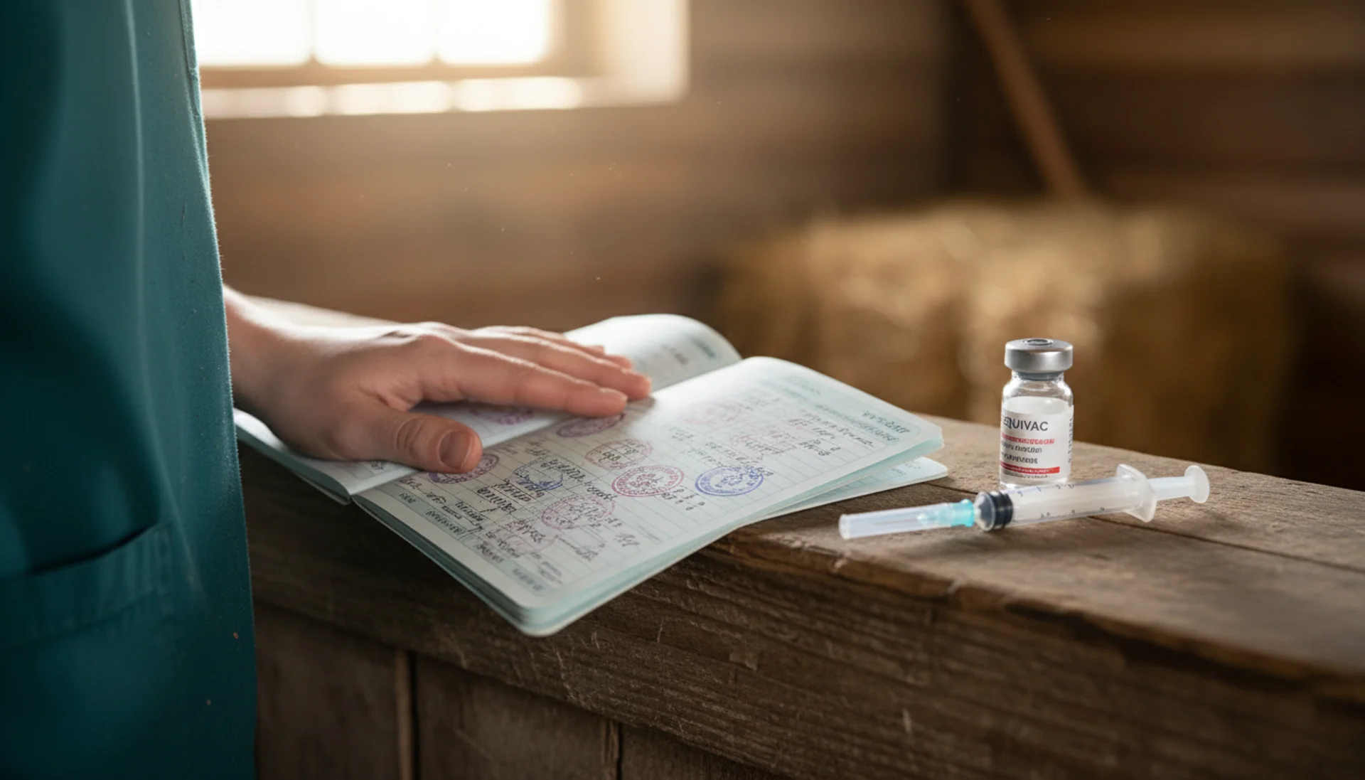 Hästpass med vaccinationsstämplar och spruta på stallhylla