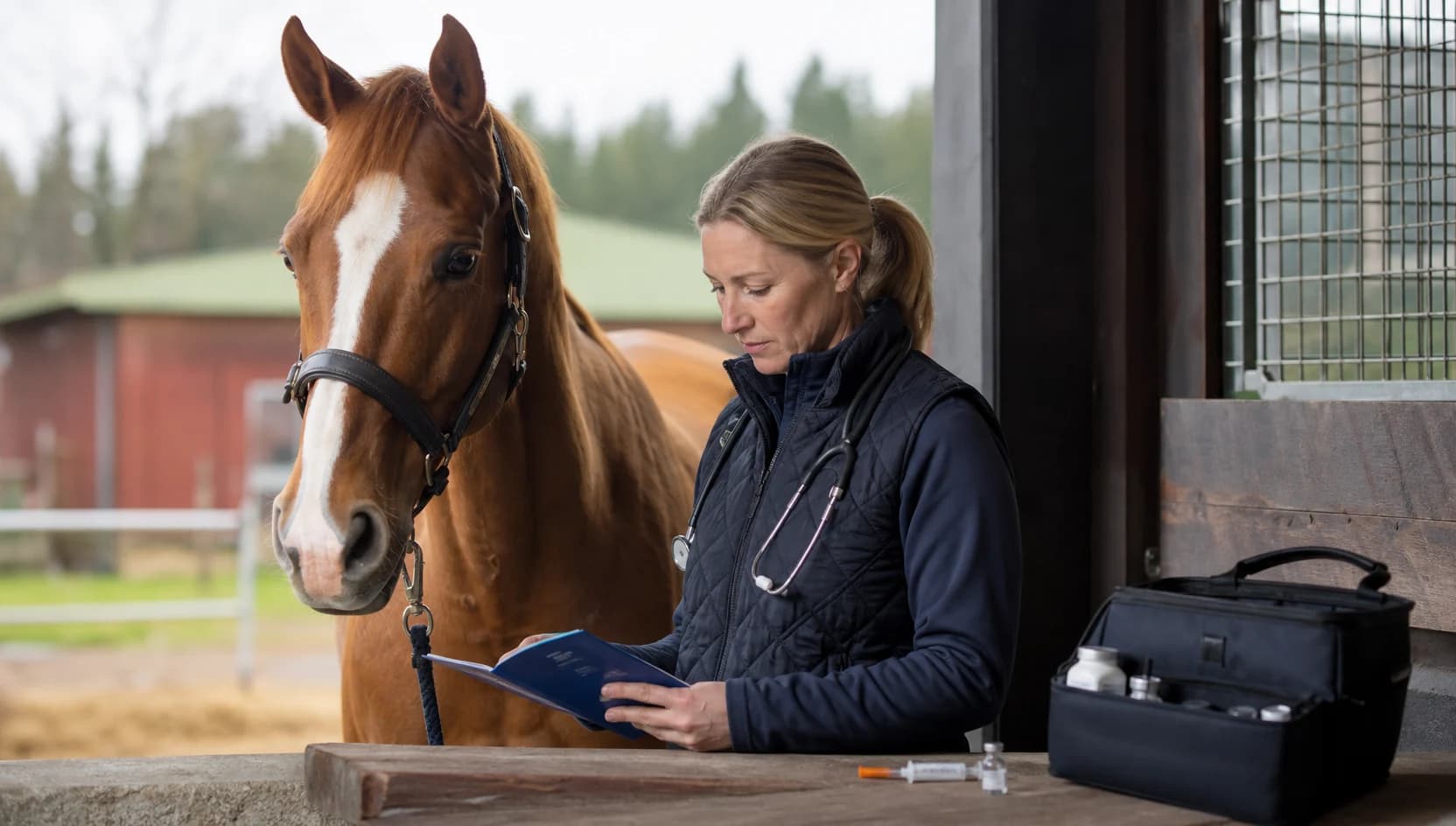 Hästveterinär går igenom hästpass och vaccinationsschema vid stallbesök.