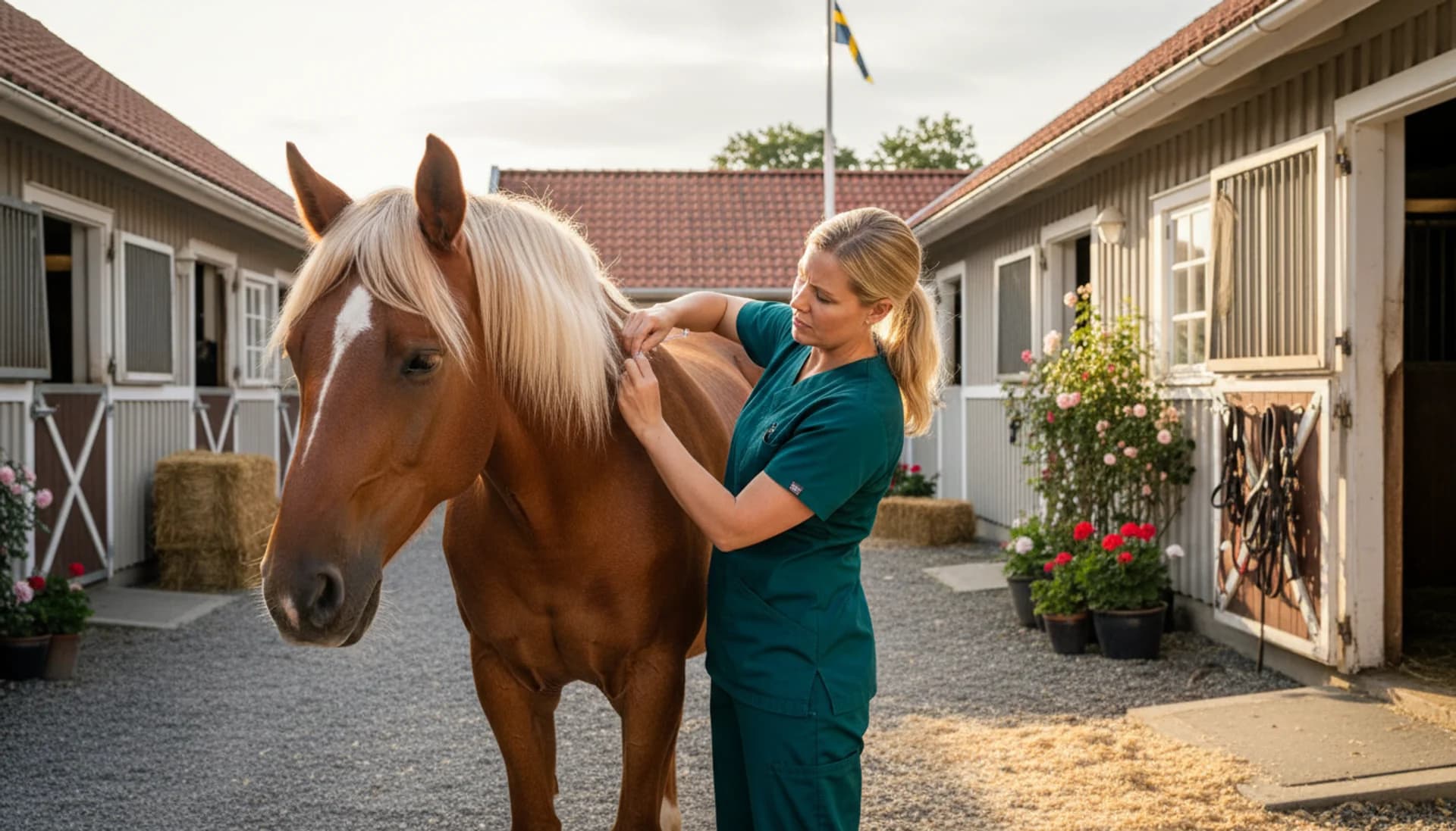 Vaccination av fuxhäst på svensk stallplan av veterinär i gröna scrubs