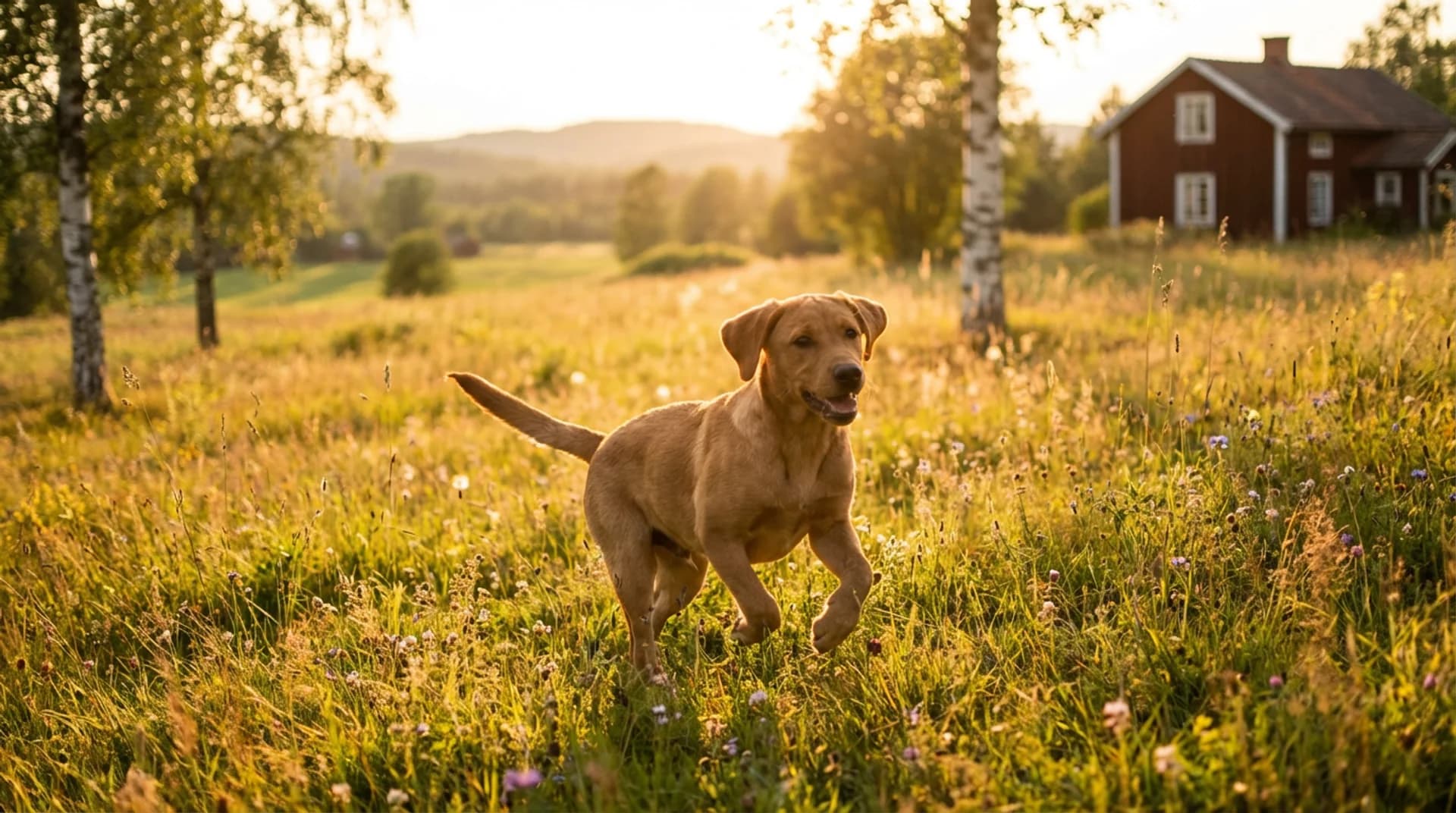 Frisk labrador i en svensk sommaräng efter fullständig vaccination