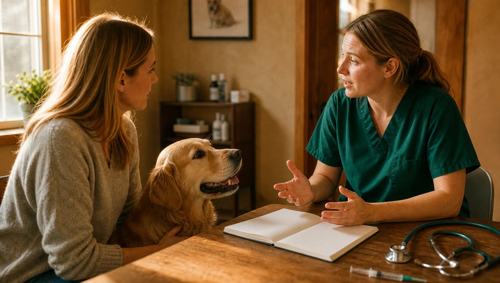 Veterinär förklarar vaccinationsschema och pris för hundägare på klinik.