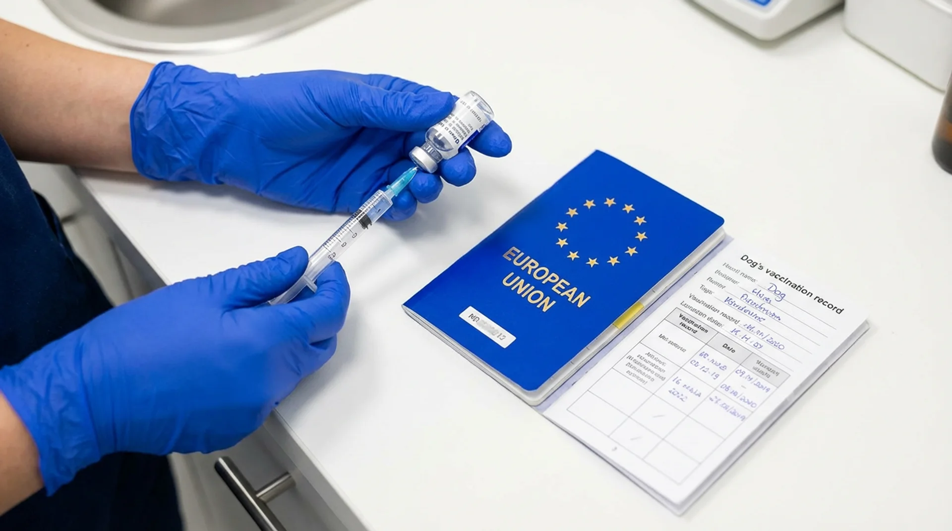 Veterinär förbereder vaccinationsspruta bredvid ett EU-husdjurspass