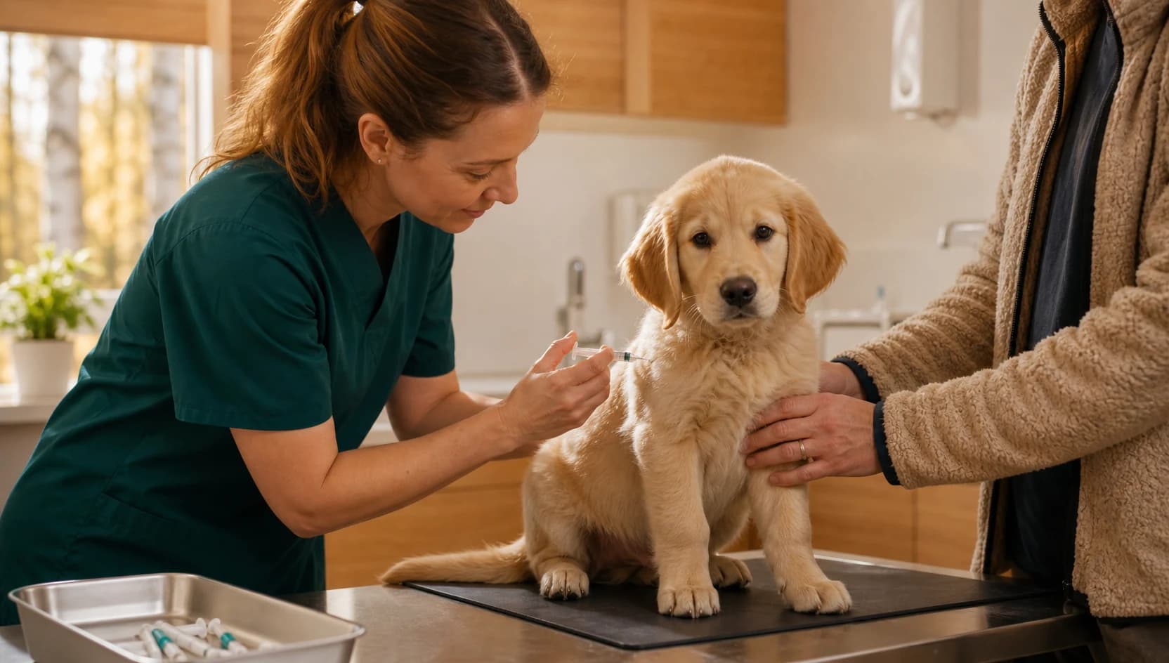 Veterinär vaccinerar en golden retriever-valp på en svensk klinik