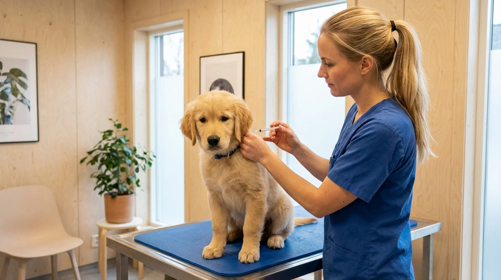 Veterinär vaccinerar en golden retriever-valp på en svensk klinik