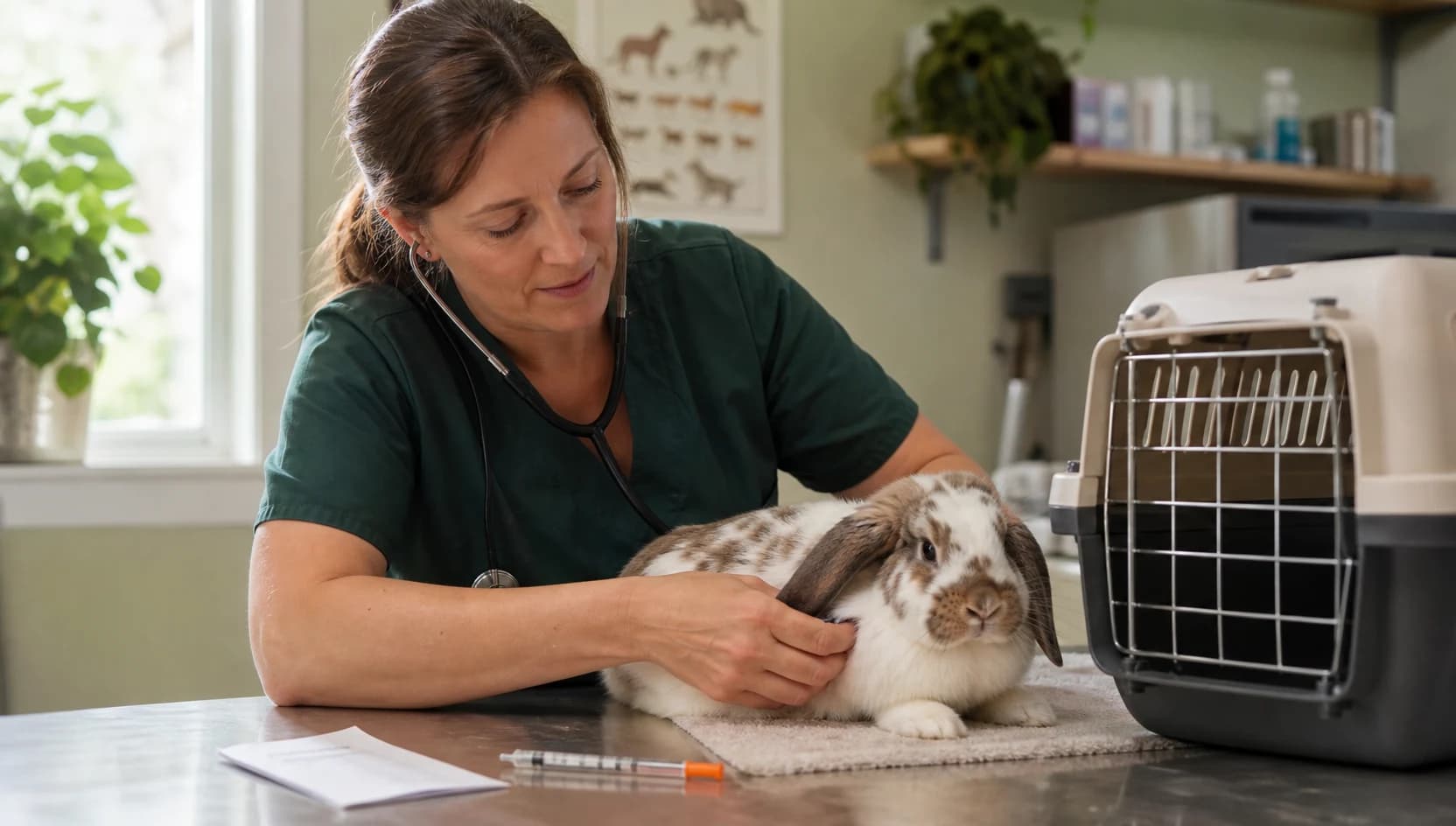 Veterinär vaccinerar kanin lugnt bredvid transportbur och vaccinationskort.