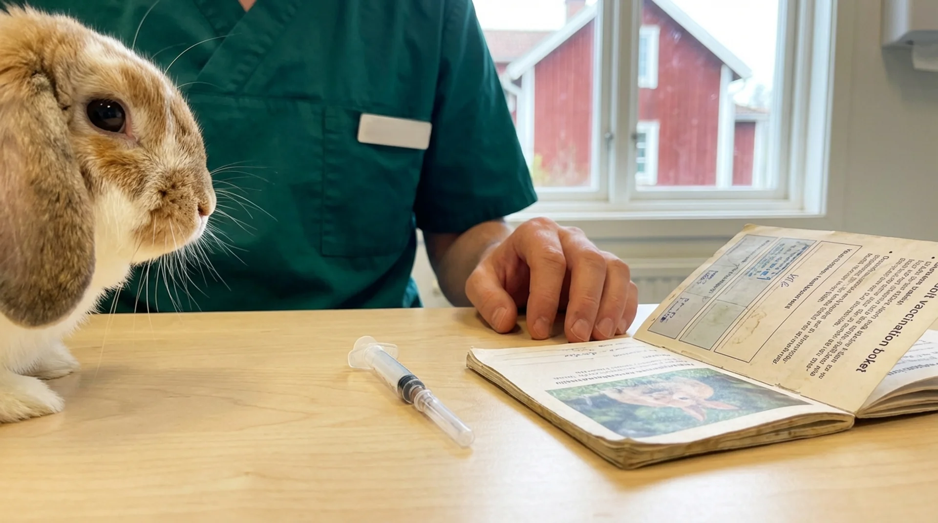 Vaccinationsbok och spruta med nyfiken vädurskanin i förgrunden