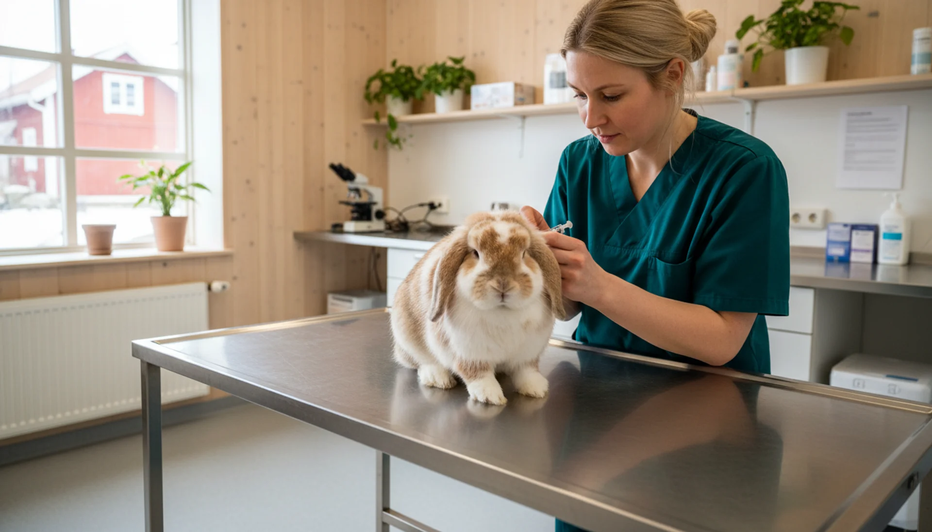 Vaccination av vädurskanin hos veterinär på svensk klinik