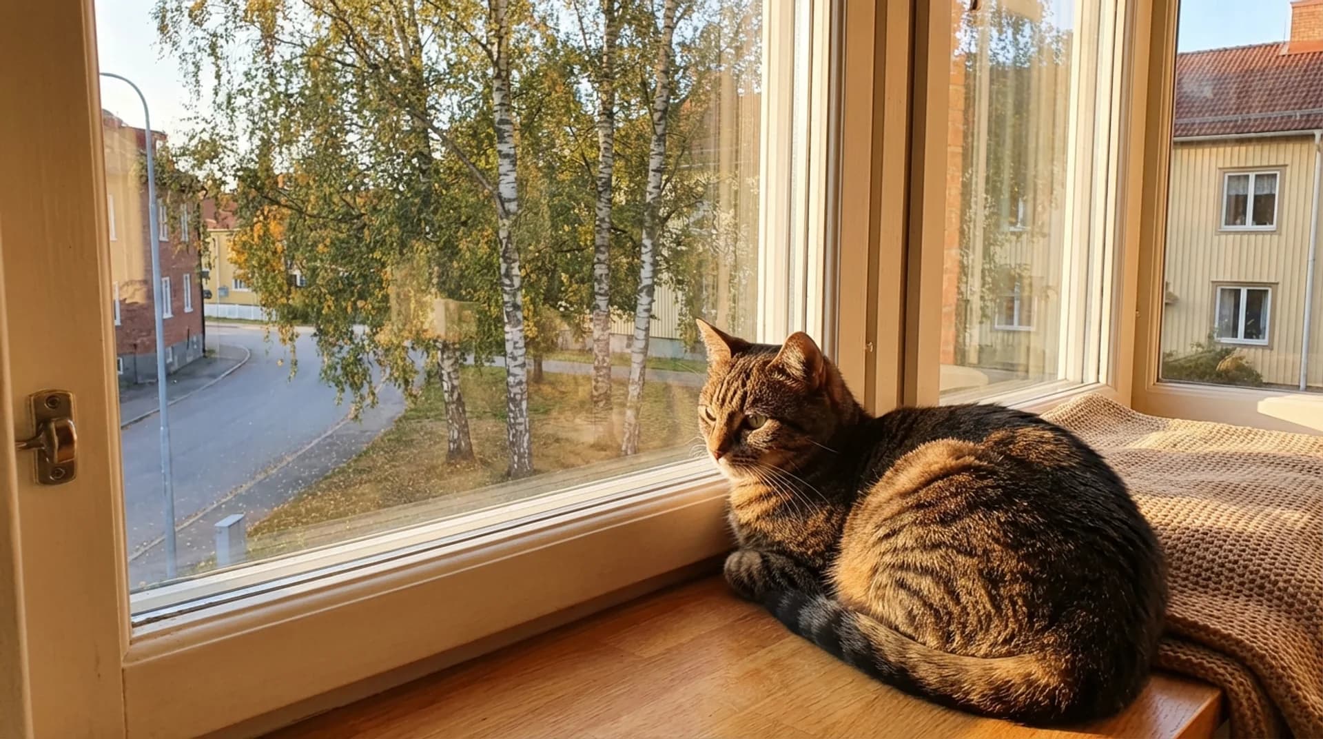 Frisk tabby-katt vilar på fönsterbräda i svensk lägenhet med björkar utanför