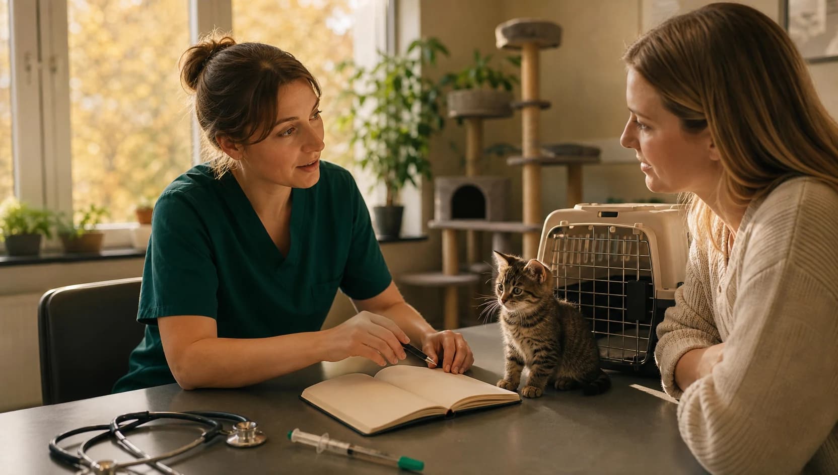 Veterinär går igenom kattungens vaccinationsschema med kattägare på klinik.