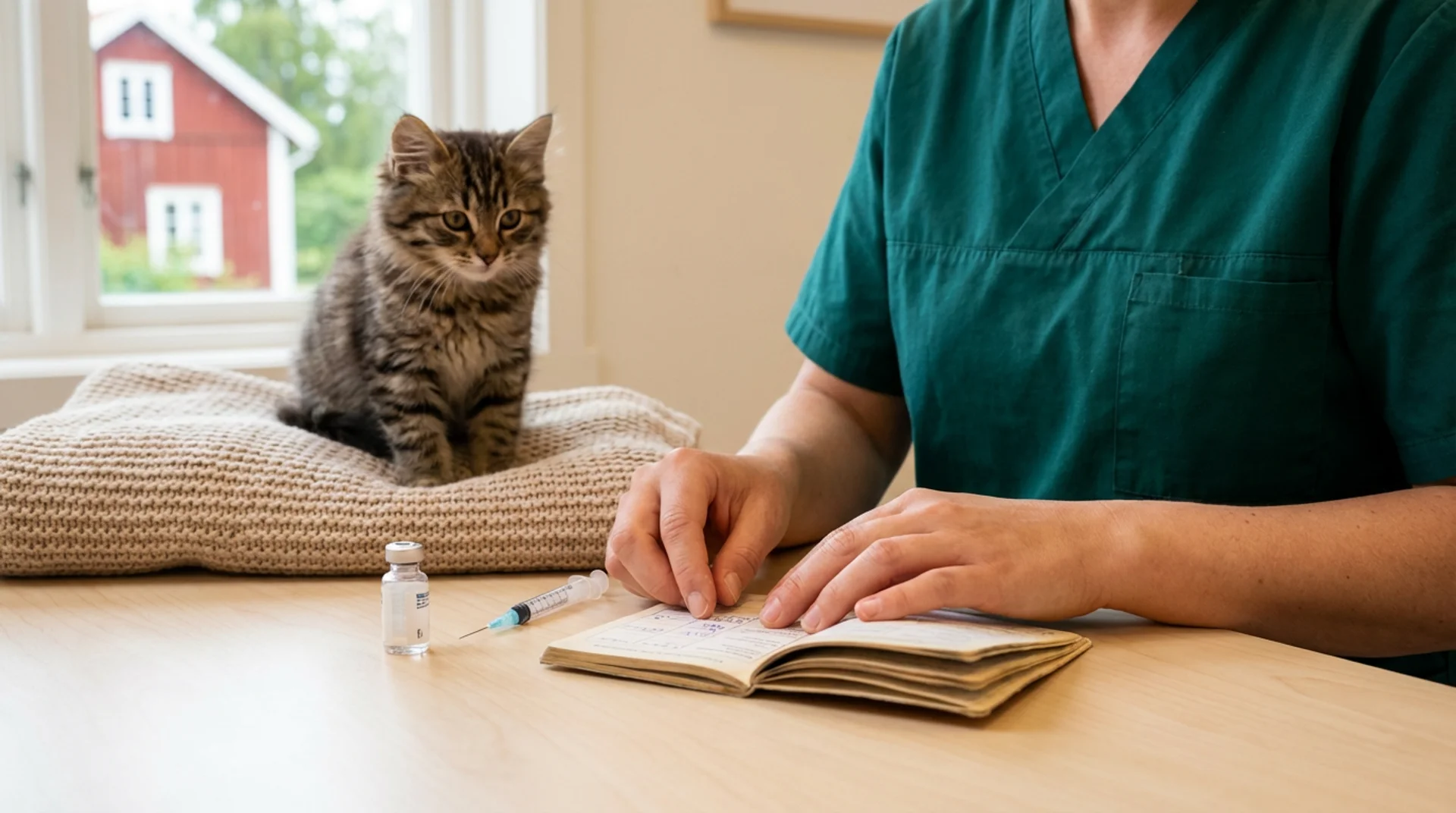 Veterinär kontrollerar kattungens vaccinationsbok med spruta på björkskrivbord