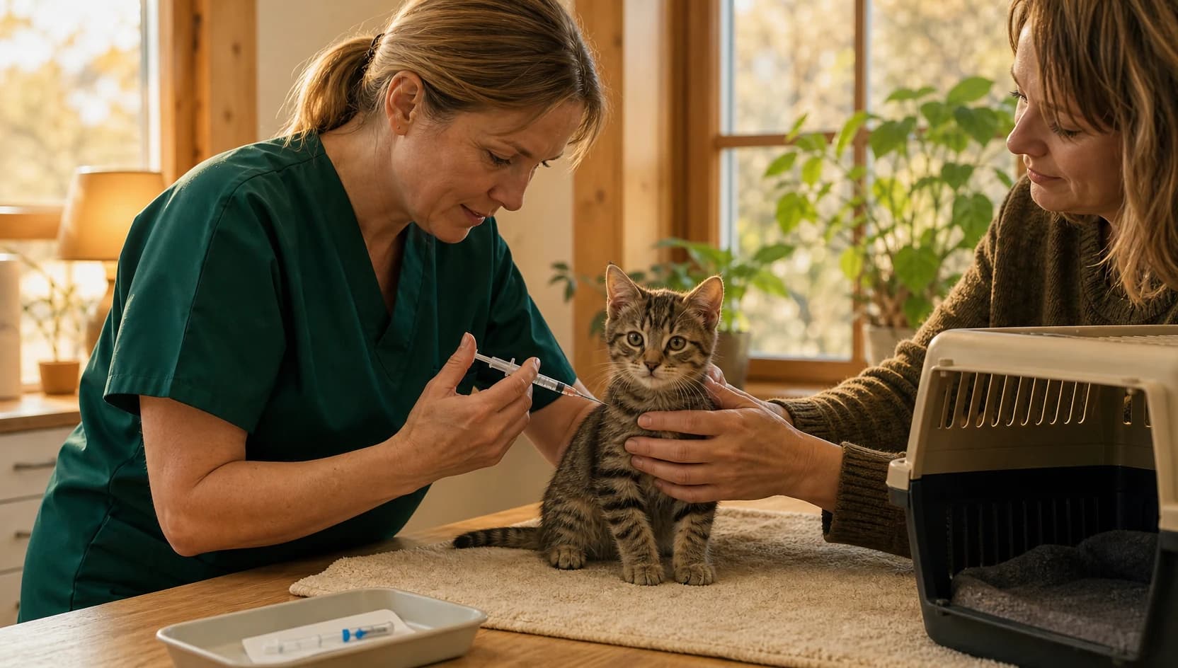 Veterinär vaccinerar en tabby-kattunge på svensk klinik