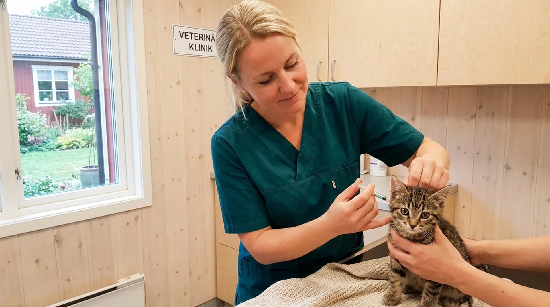Veterinär vaccinerar en tabby-kattunge på svensk klinik