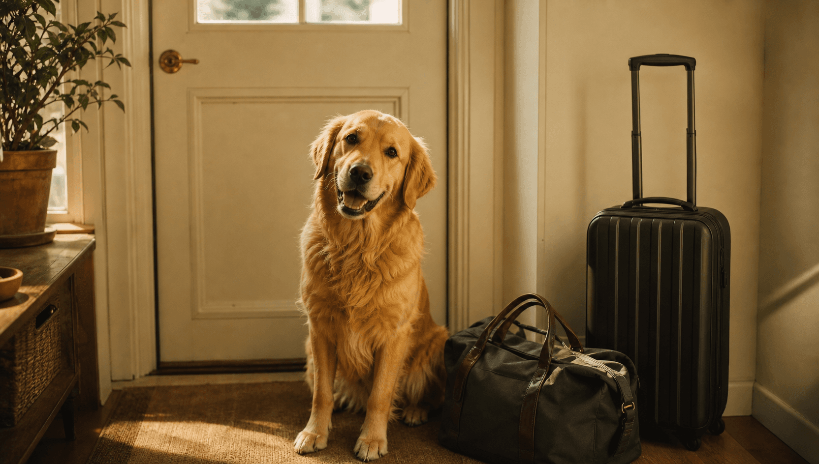 Lugn gul golden retriever sitter uppmärksam ensam vid en mjuk resväska och rullväska vid ytterdörren i ett svenskt hem.