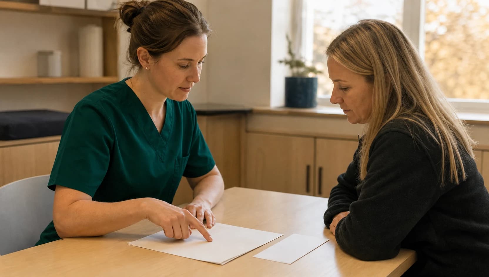Veterinär i mörkgröna skrubbar går igenom blankett, prisbild och underlag med en djurägare vid ett svenskt klinikbord.