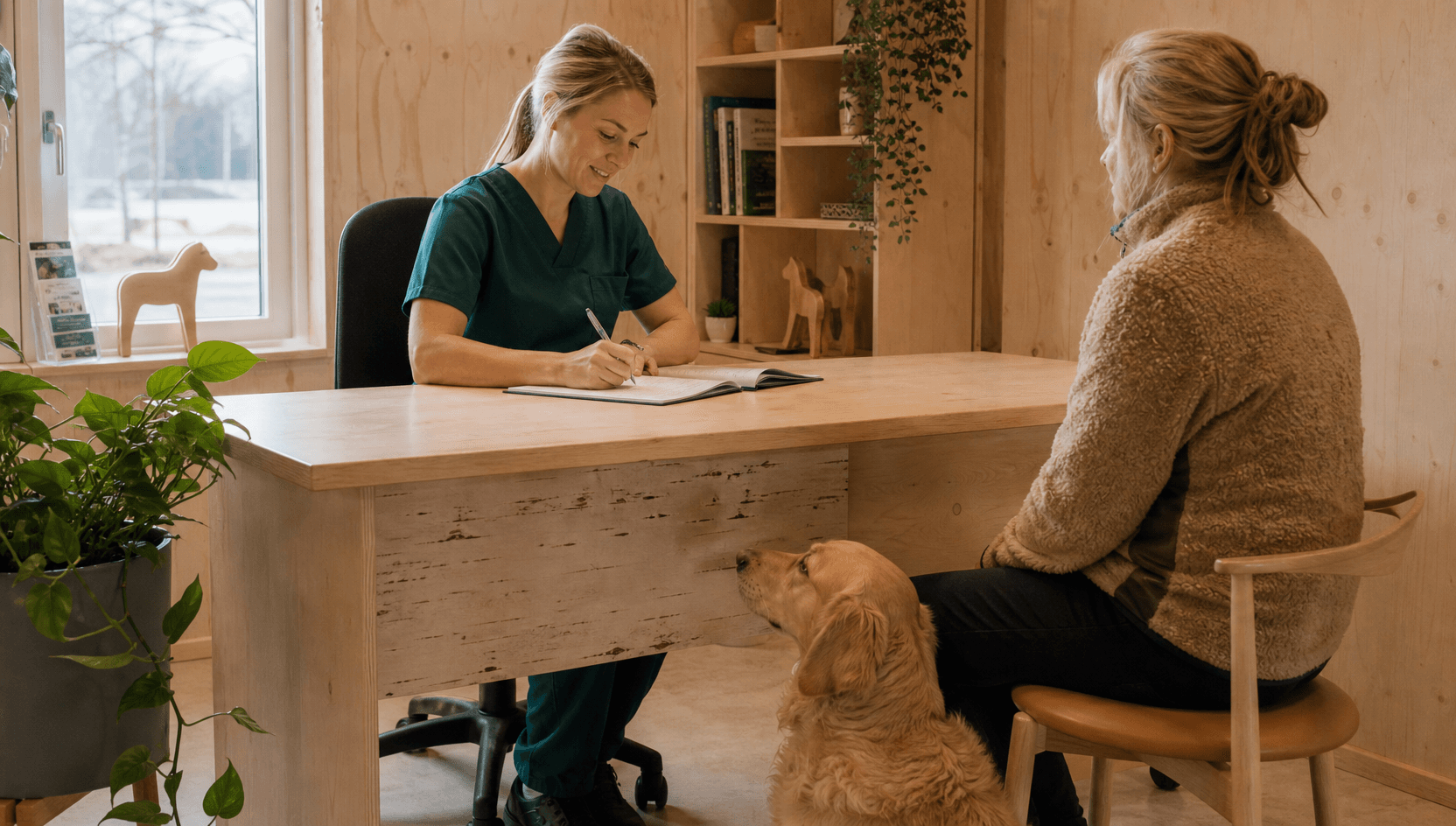 Veterinär i mörkgröna skrubbar fyller i ett intyg vid ett björkträsskrivbord; en lugn gul golden retriever sitter uppmärksamt vid ägarens fötter.