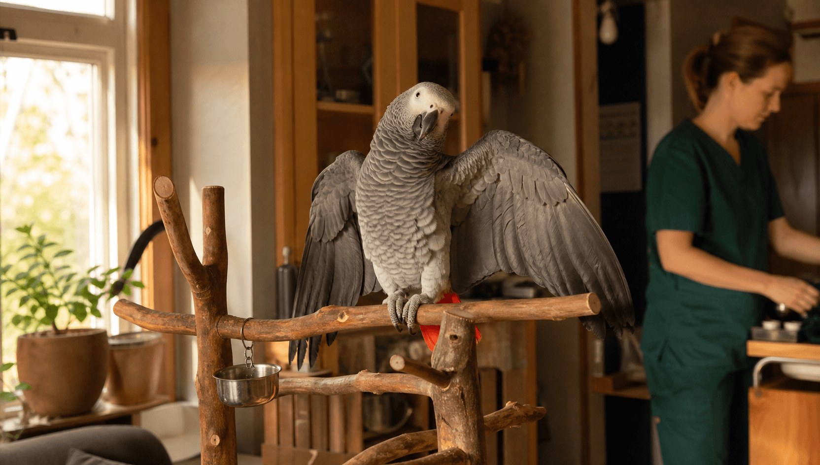 African Grey papegoja sitter på en hög träpinne i ett svenskt hem med vingarna i mjuk halvsträckning och huvudet lätt böjt nyfiket.