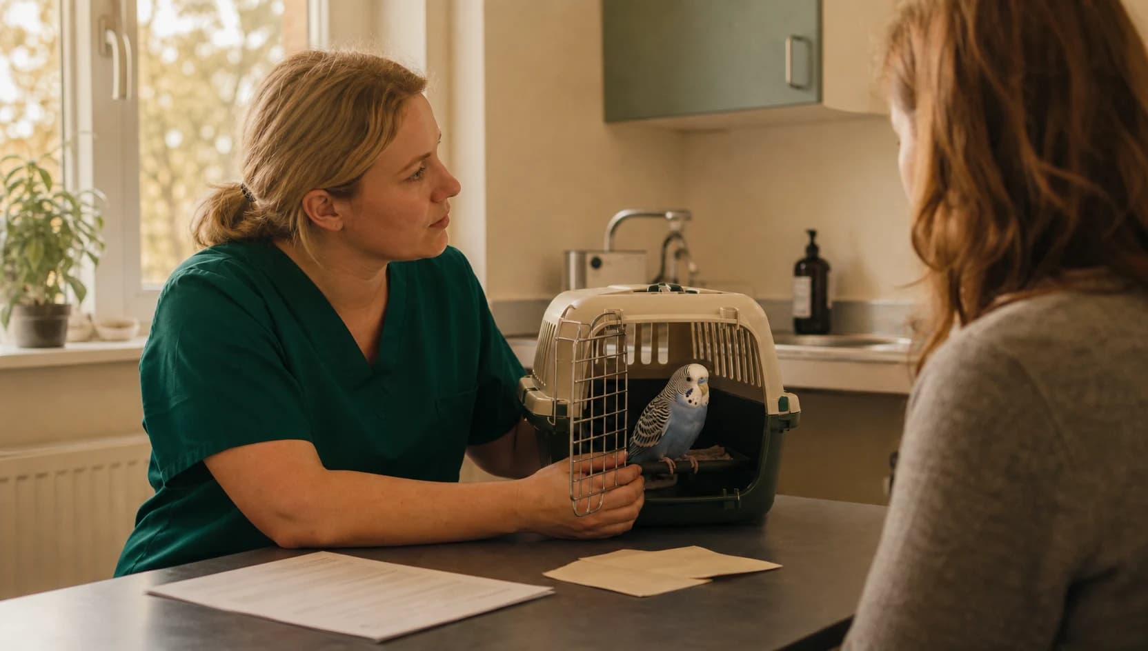 Fågelvan veterinär i mörkgröna skrubbar går igenom intygsunderlag med en lugn undulat i transportbur.