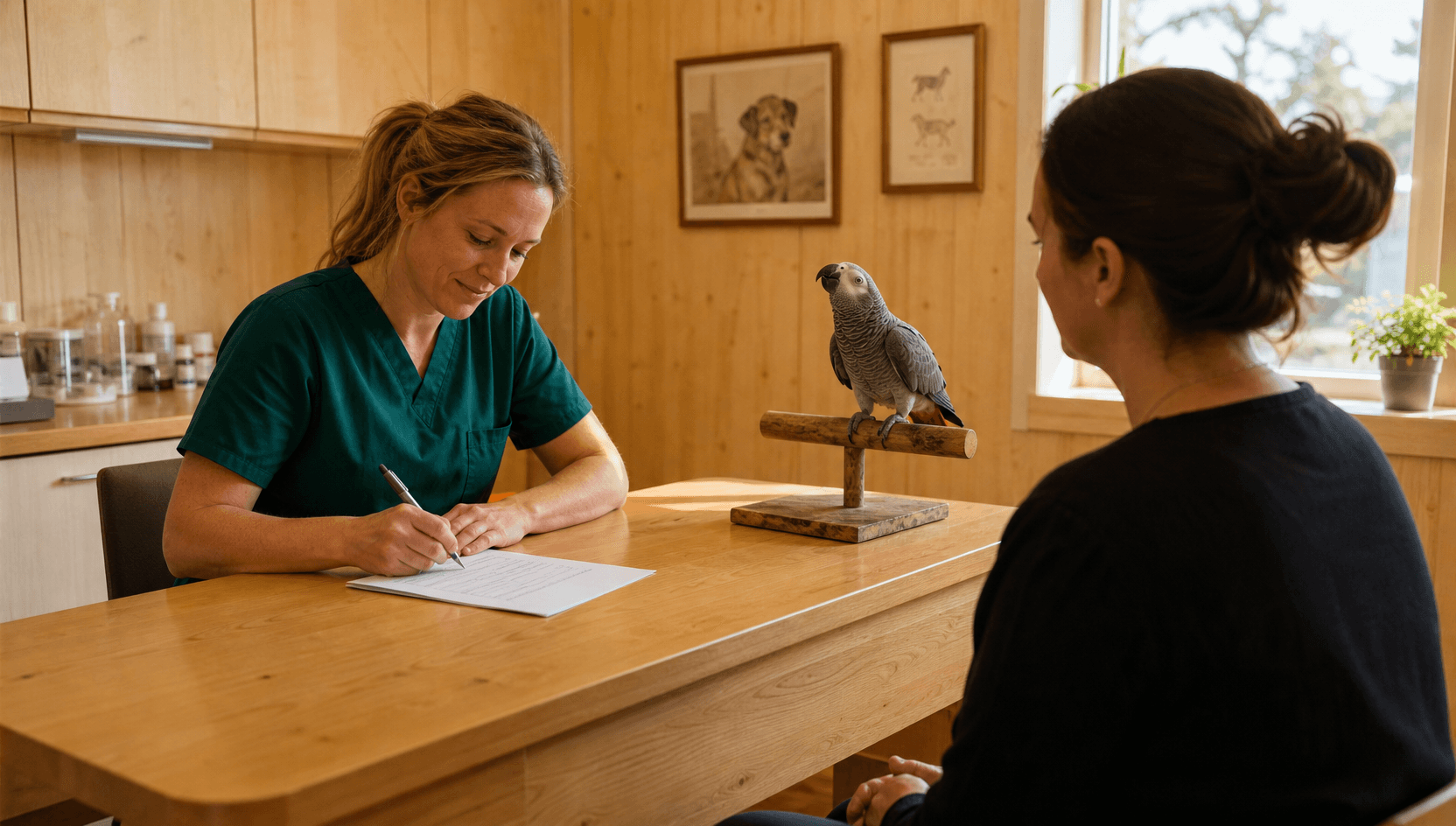Veterinär i mörkgröna skrubbar fyller i ett intyg vid ett björkträsskrivbord medan en lugn African Grey papegoja sitter på en liten T-pinne på bordet; ägaren sitter mitt emot.