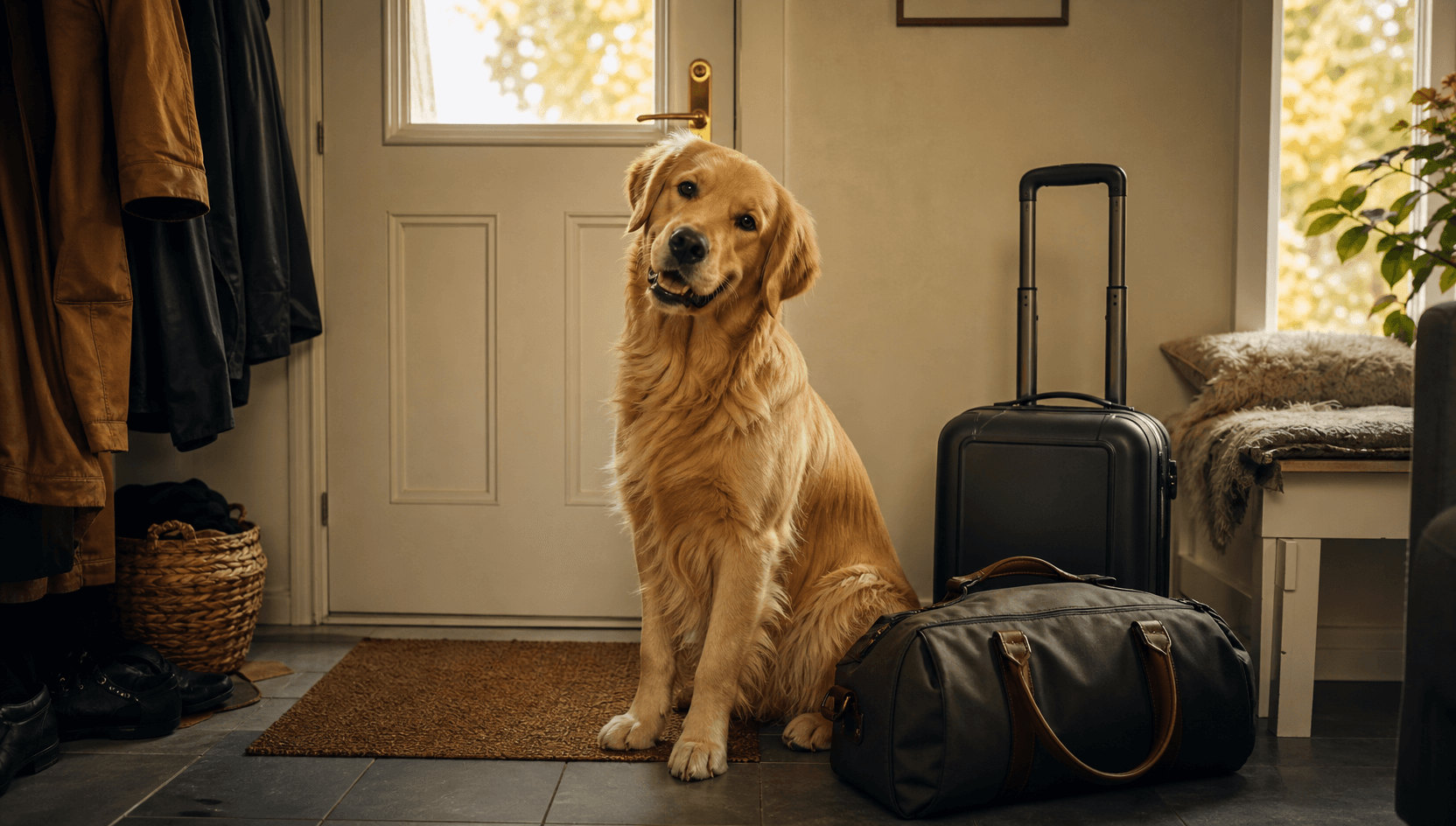 Gul golden retriever sitter uppmärksamt och nyfiket bredvid en mjuk resväska och en liten rullväska vid ytterdörren i ett svenskt hem.