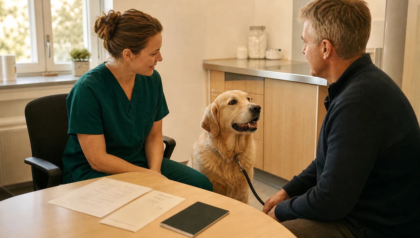 Veterinär i mörkgröna skrubbar går igenom pris och intyg med hundägare och en lugn golden retriever.