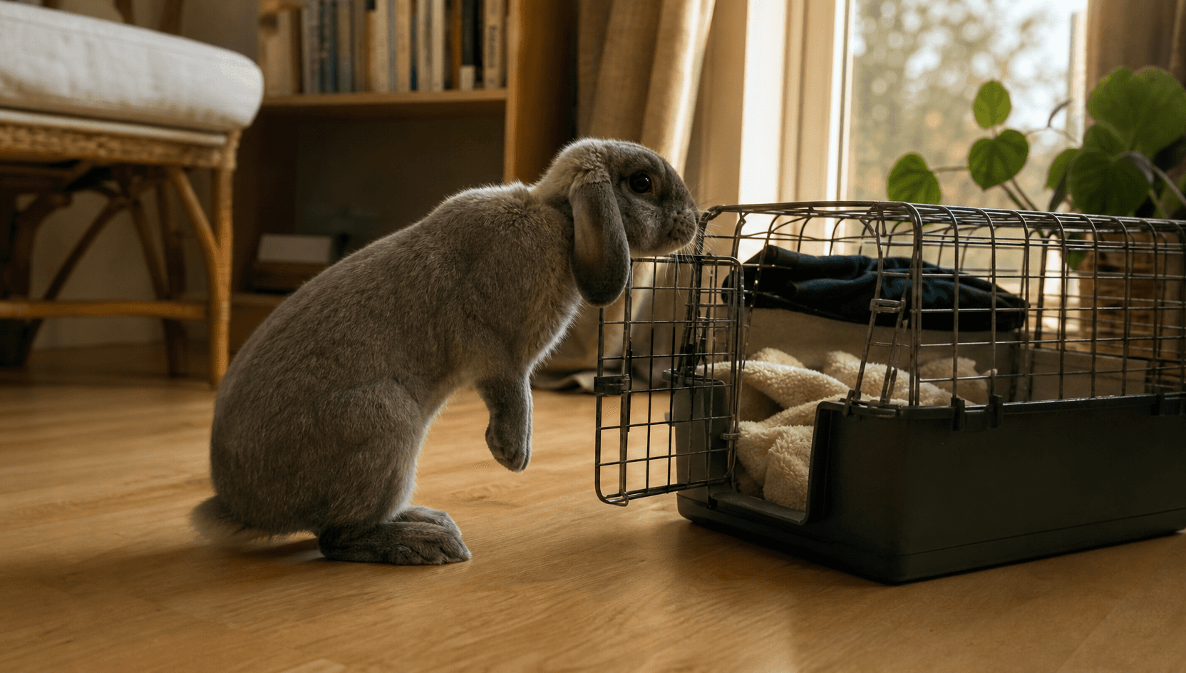 Lugn grå Holland Lop-kanin står på bakbenen och nosar nyfiket på den öppna dörren till en liten trådbur med mjukt fleece-foder, i ett svenskt hem med björkträgolv.