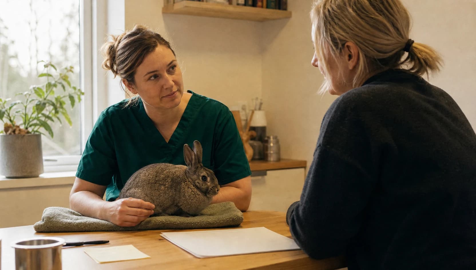 Veterinär i mörkgröna skrubbar går igenom intyg och prisbild med kaninägare och en lugn kanin på handduk.