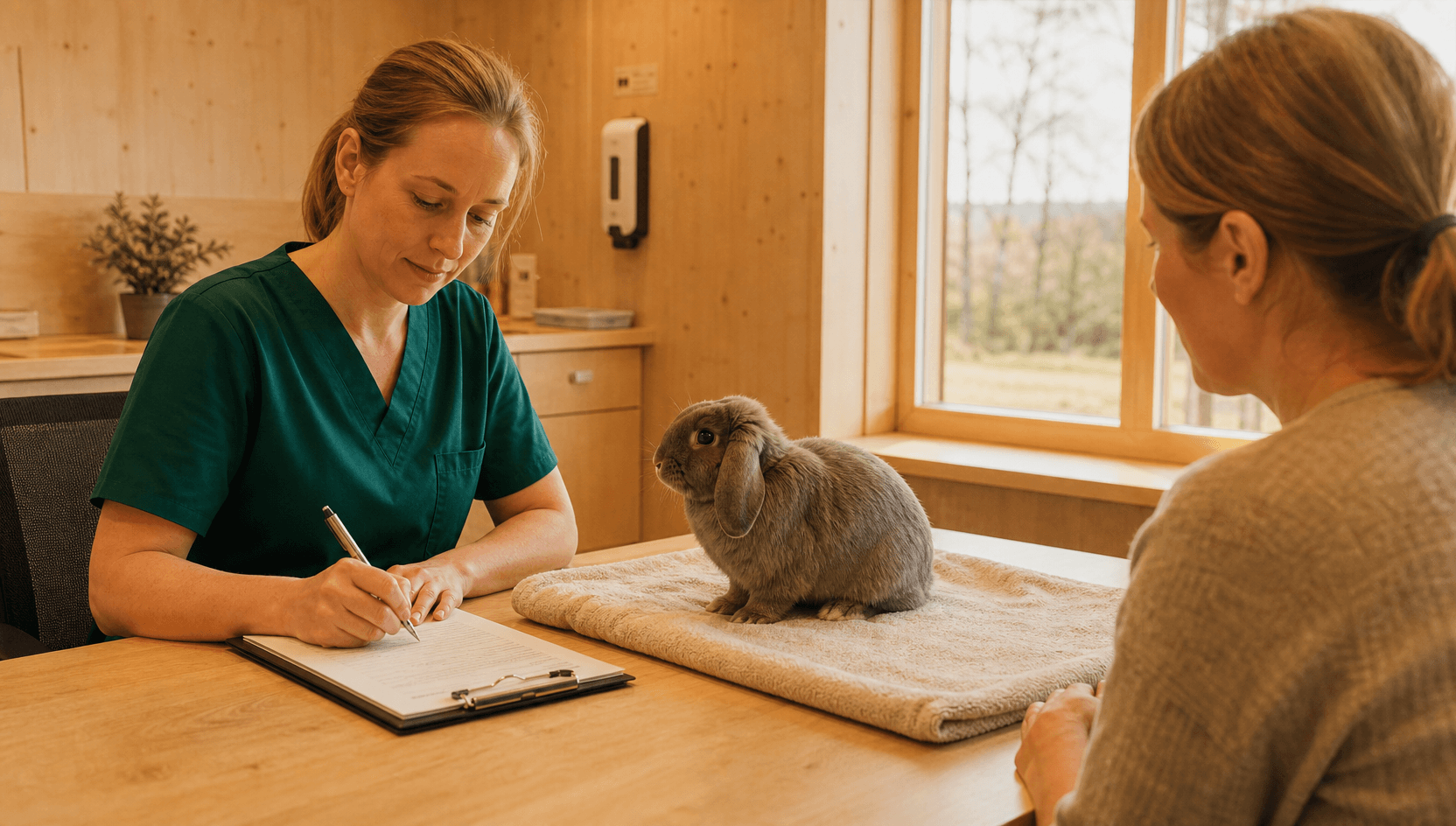 Veterinär i mörkgröna skrubbar fyller i ett intyg vid ett björkträsskrivbord medan en lugn grå Holland Lop-kanin sitter uppmärksamt på en mjuk handduk på bordet; ägaren sitter mitt emot.