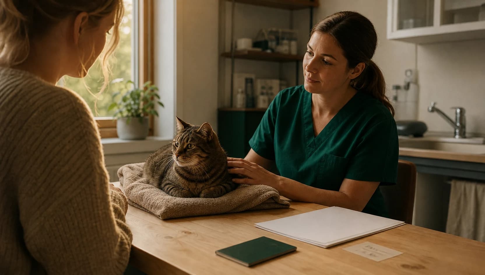 Veterinär i mörkgröna skrubbar går igenom intyg och prisbild med kattägare och en lugn tabbykatt.