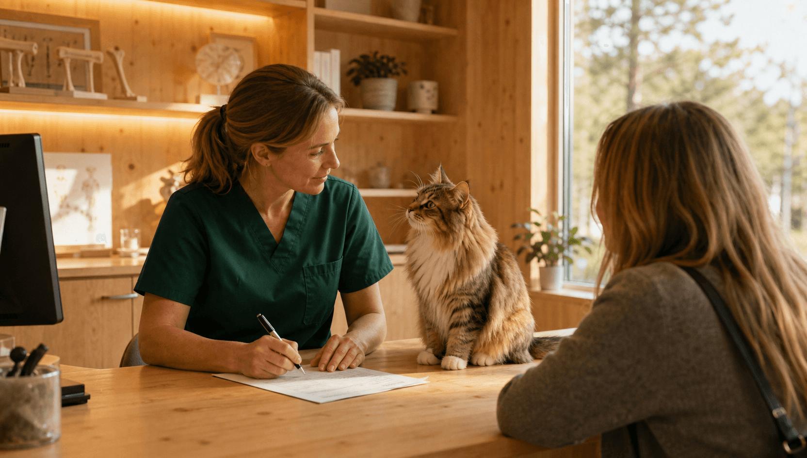 Veterinär i mörkgröna skrubbar fyller i ett intyg vid ett björkträsskrivbord medan en lugn skogskatt sitter uppmärksamt på bordskanten och tittar mot henne; ägaren sitter mitt emot.