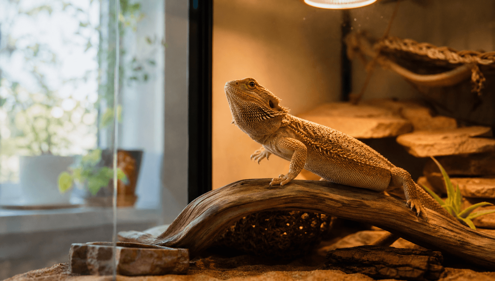 Lugn skäggagam står på en böjd träkvist inuti ett terrarium i ett svenskt hem, huvudet höjt med ena framtassen lyft i mjuk rörelse, varmt solljus uppifrån.