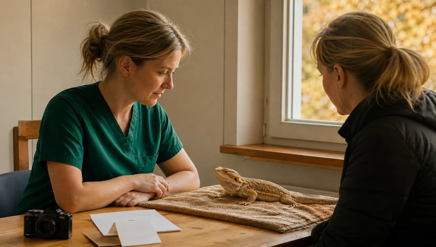 Veterinär i mörkgröna skrubbar går igenom intyg och prisbild med reptilägare och en lugn skäggagam på handduk.