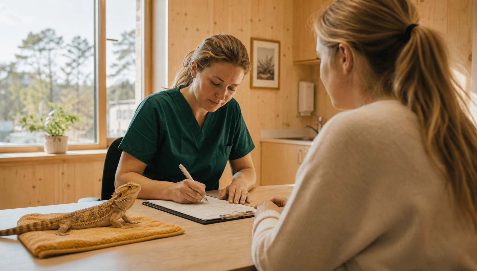 Veterinär i mörkgröna skrubbar fyller i ett intyg vid ett björkträsskrivbord medan en lugn skäggagam vilar på en mjuk gul handduk på bordet; ägaren sitter mitt emot.