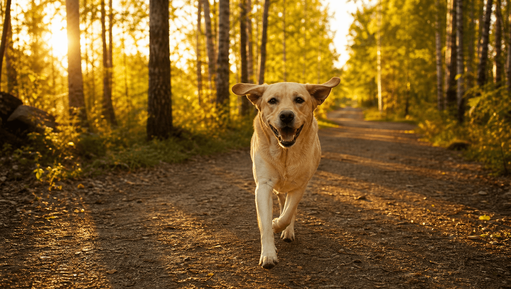 Glad gul labrador travar längs en svensk skogsstig i gyllene timme — en hund som mår bra av sitt viktminskningsprogram.