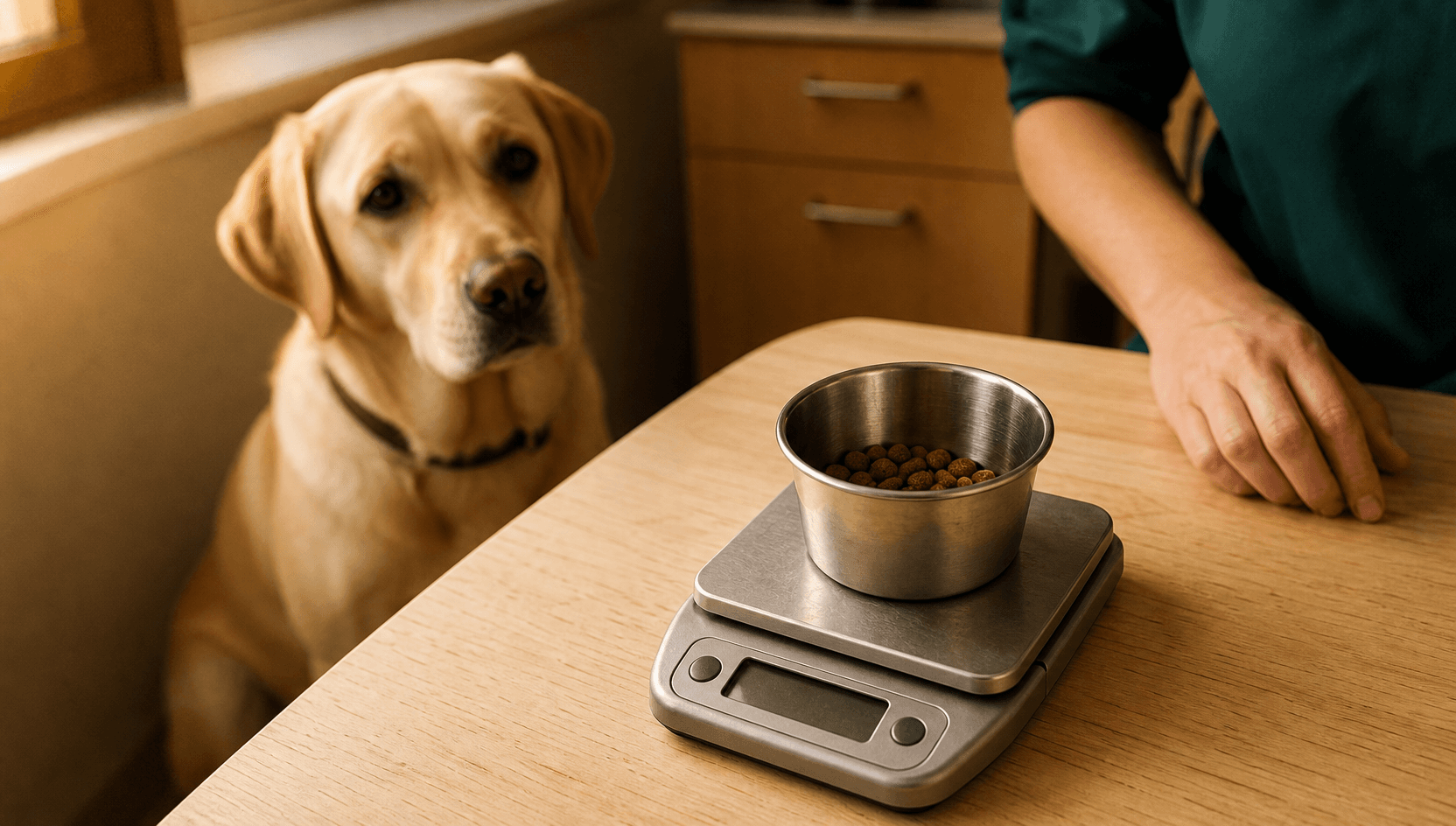 Liten köksvåg med en avvägd portion torrfoder i en stålkopp på ett björkträsskrivbord, en gul labrador sitter uppmärksamt i bakgrunden.