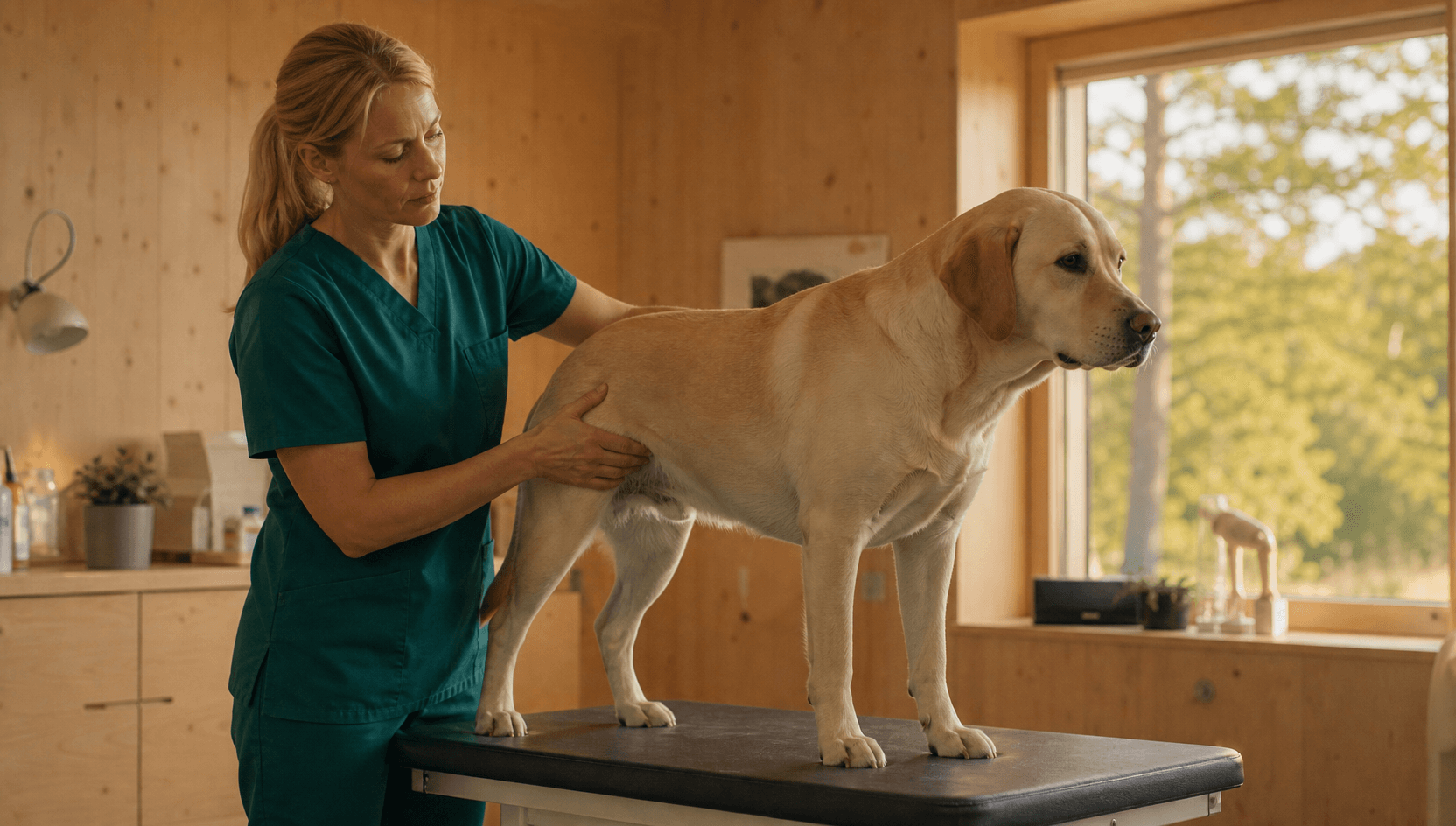 Veterinär i mörkgröna skrubbar känner försiktigt på revben och midja på en lugn gul labrador — en hullbedömning på undersökningsbordet.
